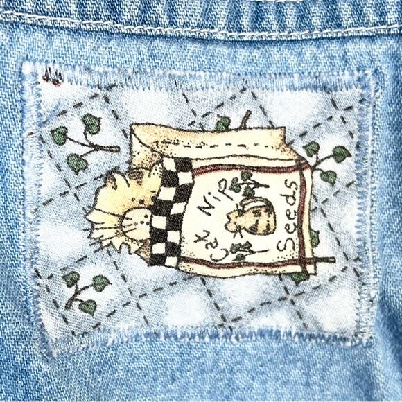 VINTAGE chambray down shirt with cat patches fits size XL crazy cat lady - Picture 9 of 10